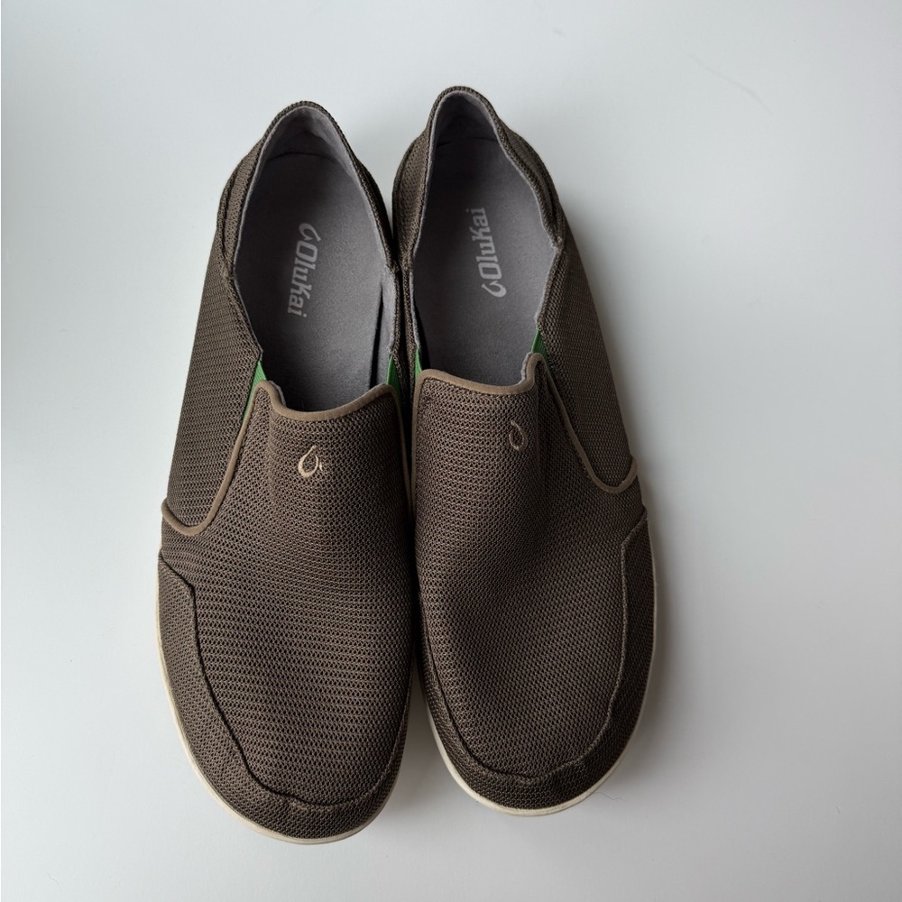 OluKai Brown Slip-On Loafers with Textured Fabric and Rounded Toe